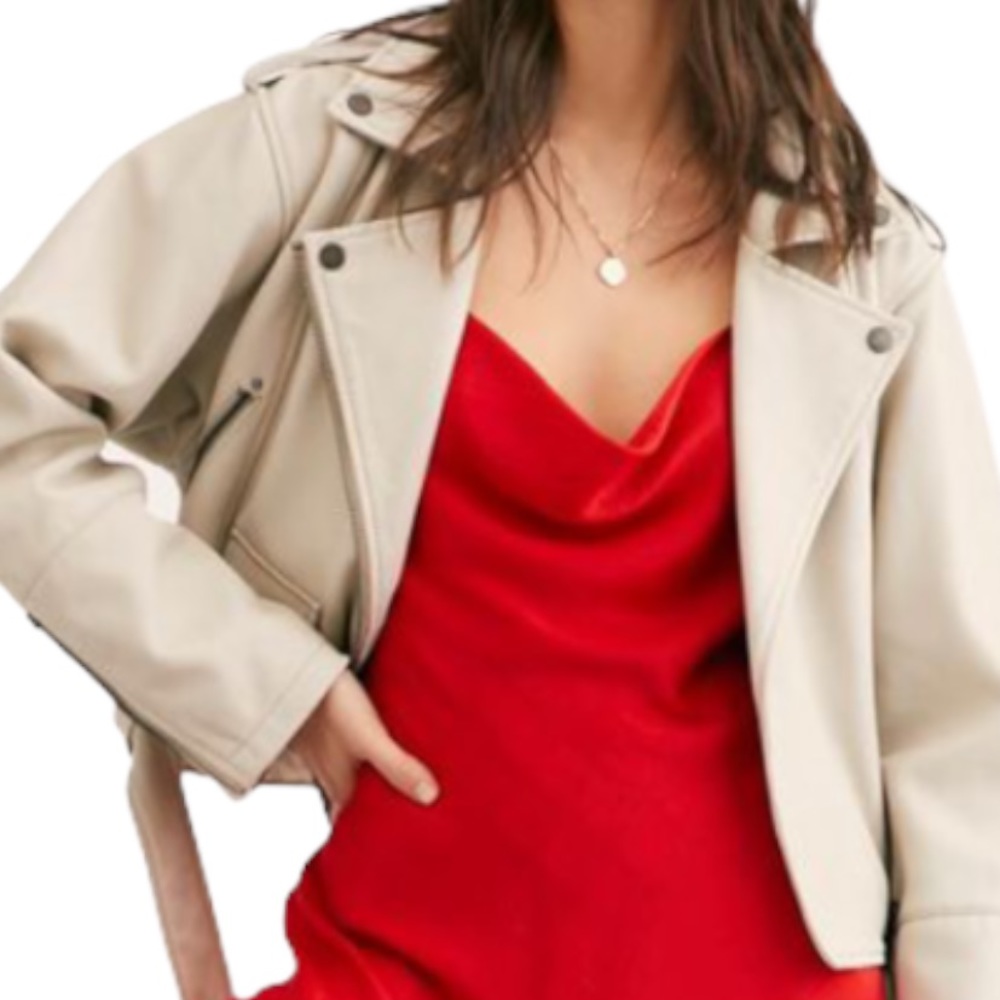 New We The Free Free People Slow Moves Lg 12/14 Beige Leather Belted Moto Jacket - Picture 3 of 9